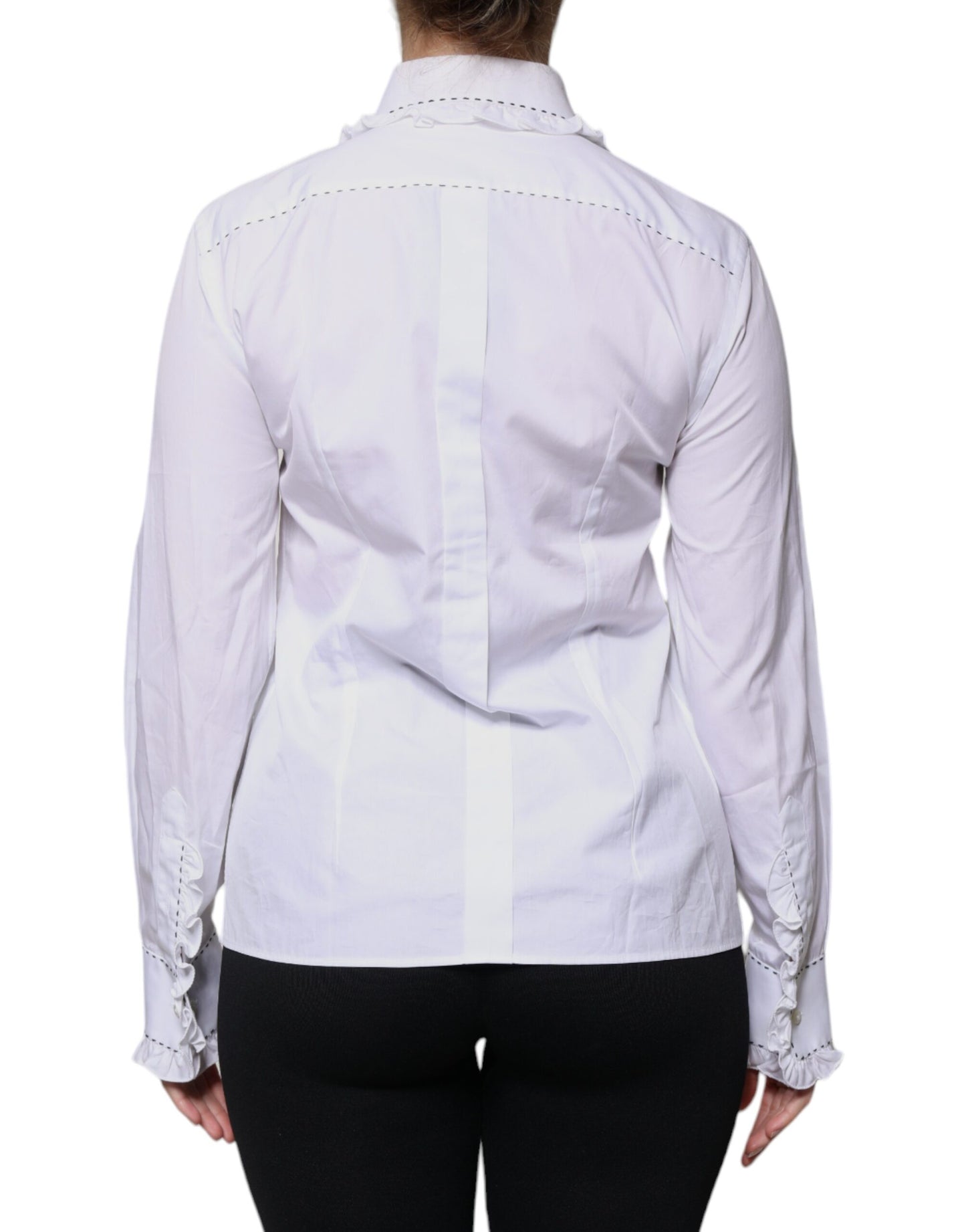 Dolce &amp; Gabbana – Weißes Baumwolloberteil mit langen Ärmeln und Rüschenkragen