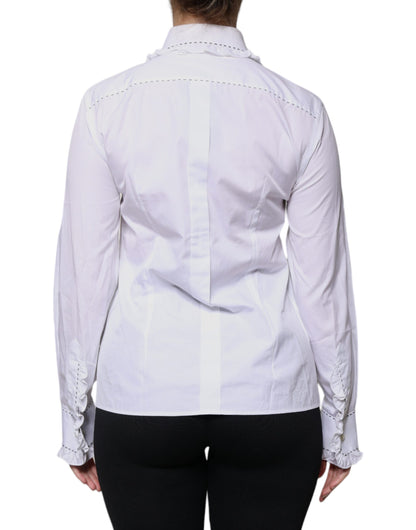 Dolce &amp; Gabbana – Weißes Baumwolloberteil mit langen Ärmeln und Rüschenkragen