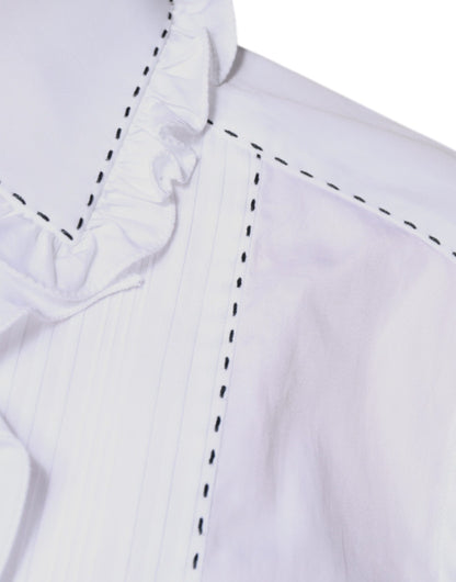 Dolce &amp; Gabbana – Weißes Baumwolloberteil mit langen Ärmeln und Rüschenkragen