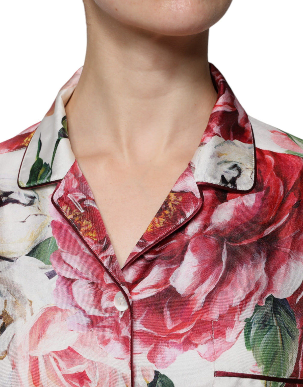 Dolce &amp; Gabbana – Blusenoberteil aus weißer Pfingstrose-Seide mit langen Ärmeln und Kragen