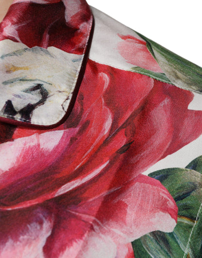 Dolce &amp; Gabbana – Blusenoberteil aus weißer Pfingstrose-Seide mit langen Ärmeln und Kragen