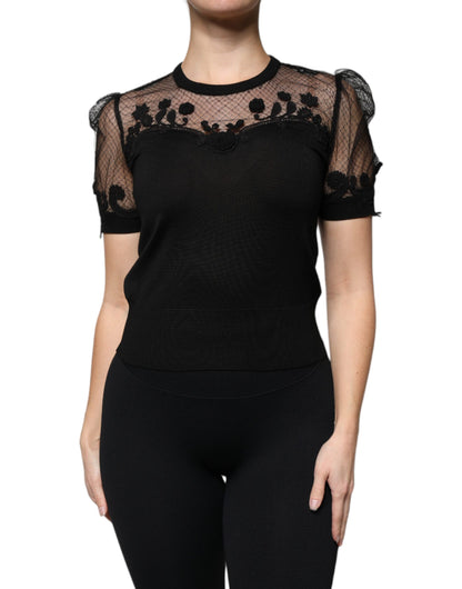 Dolce &amp; Gabbana – Schwarze Bluse mit Blumenspitze und kurzen Ärmeln