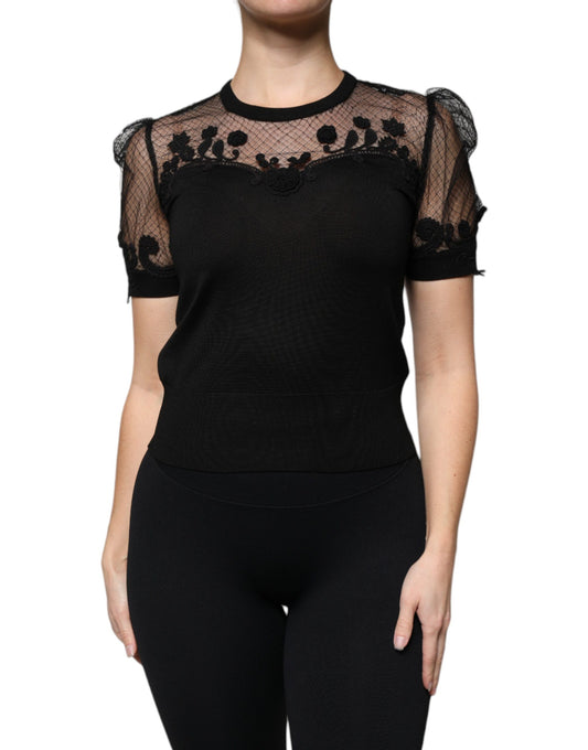Dolce &amp; Gabbana – Schwarze Bluse mit Blumenspitze und kurzen Ärmeln