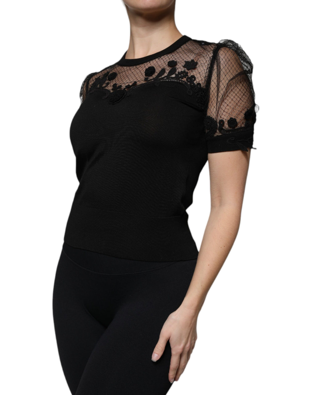 Dolce &amp; Gabbana – Schwarze Bluse mit Blumenspitze und kurzen Ärmeln