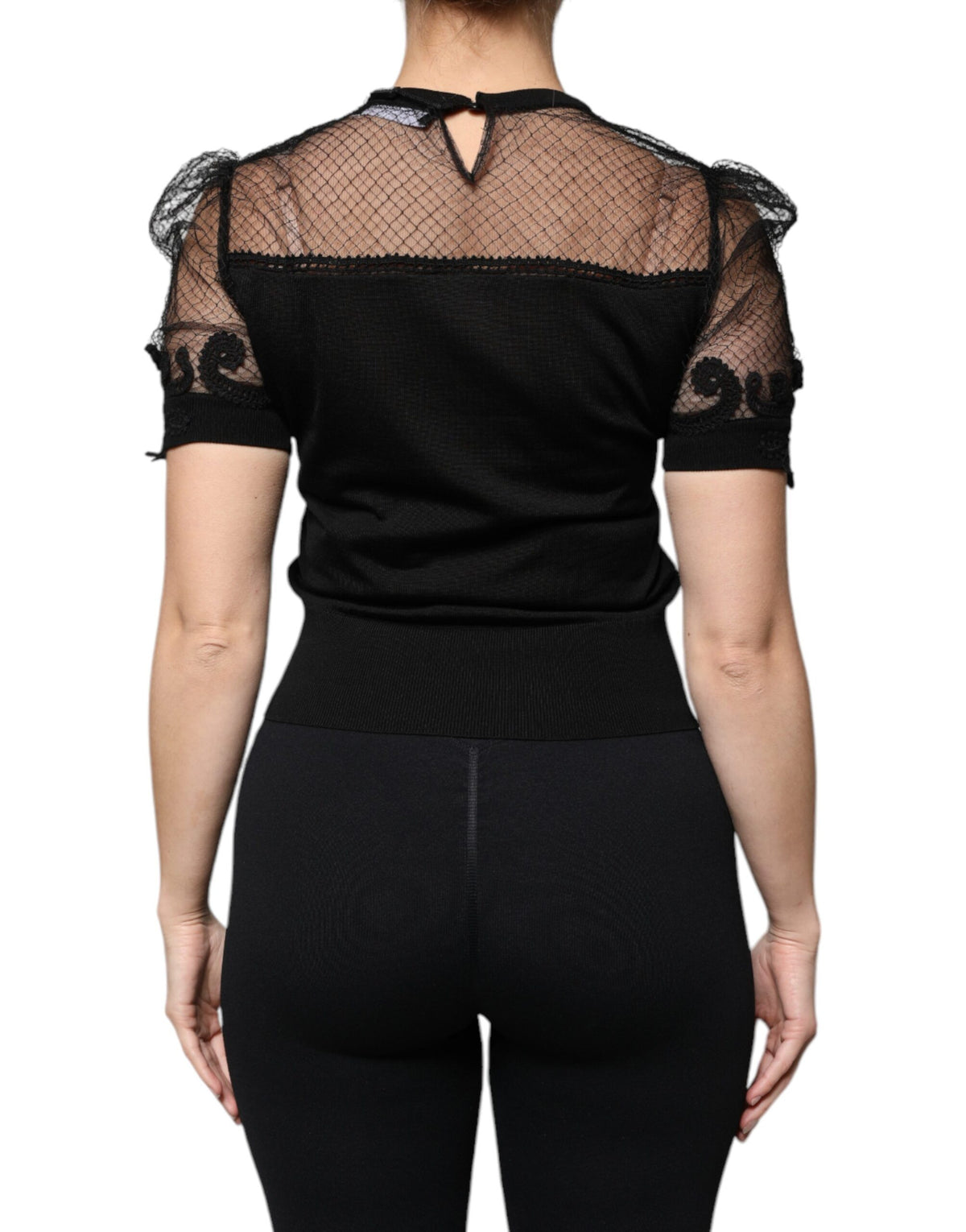 Dolce &amp; Gabbana – Schwarze Bluse mit Blumenspitze und kurzen Ärmeln