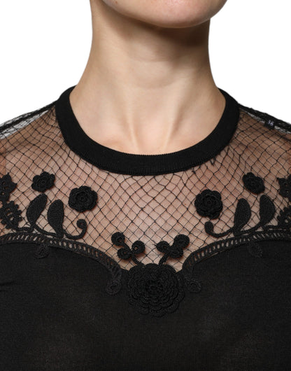 Dolce &amp; Gabbana – Schwarze Bluse mit Blumenspitze und kurzen Ärmeln