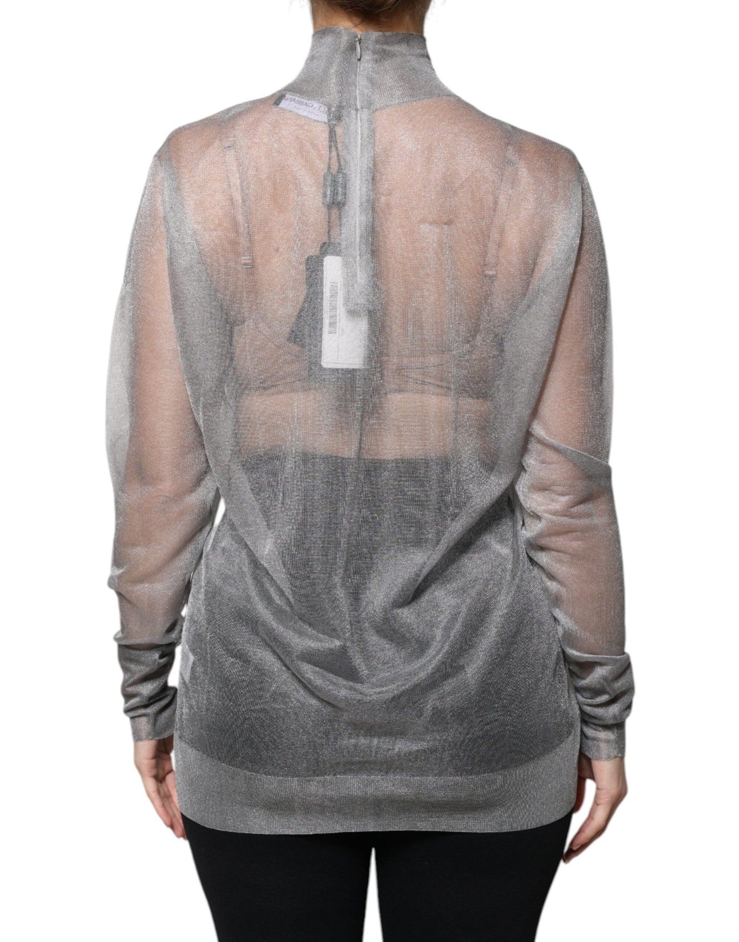 Dolce &amp; Gabbana, graues Rollkragen-Bluse-Oberteil aus Netzstoff mit langen Ärmeln