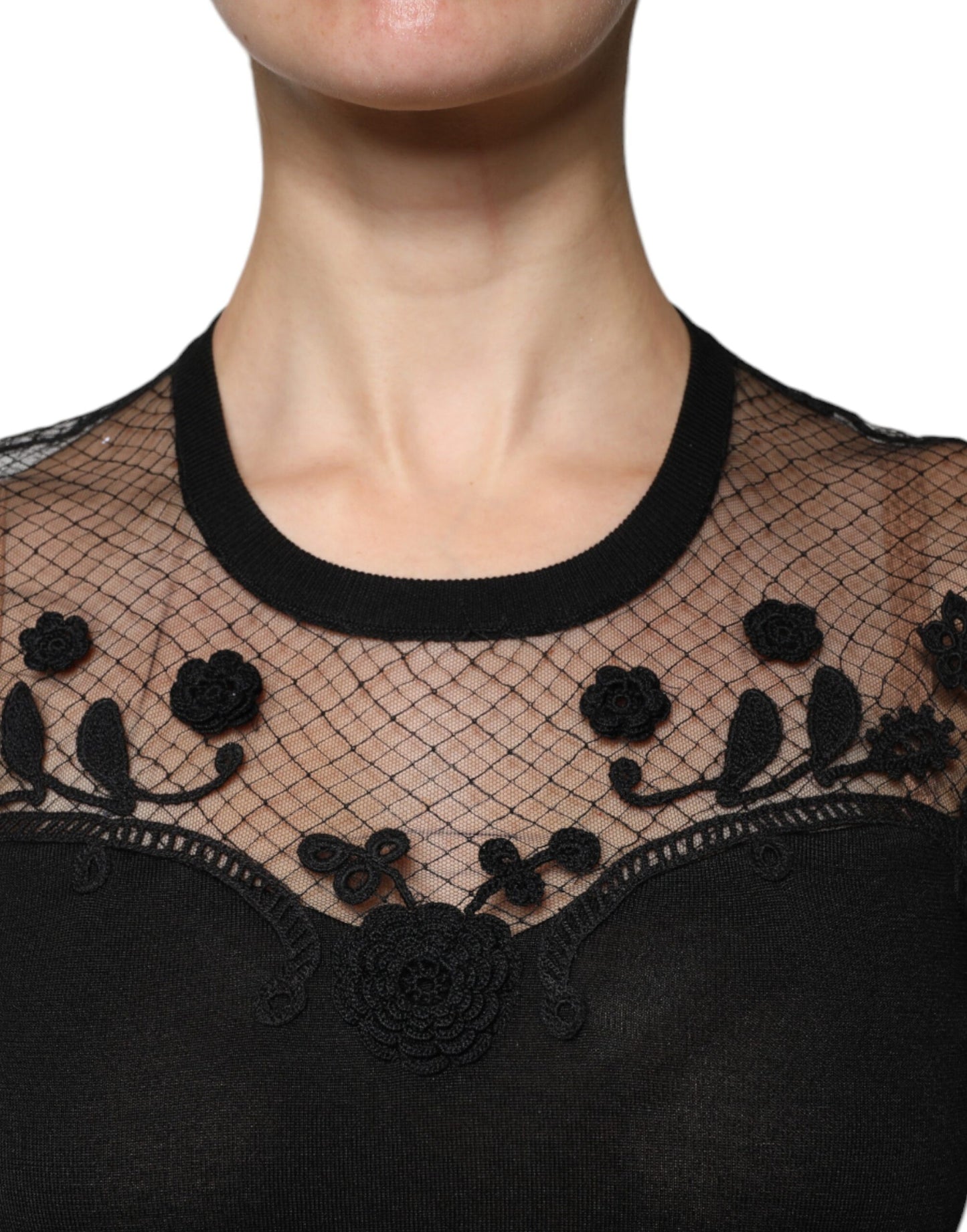 Dolce &amp; Gabbana – Schwarze Bluse mit Blumenspitze und kurzen Ärmeln