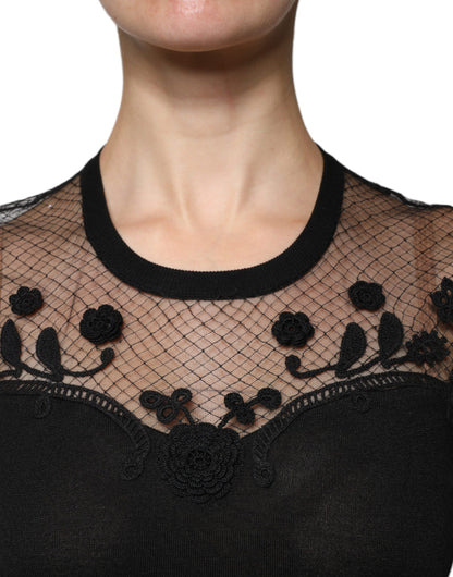 Dolce &amp; Gabbana – Schwarze Bluse mit Blumenspitze und kurzen Ärmeln