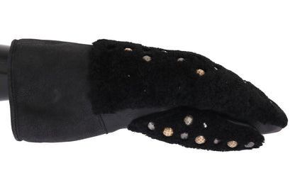 Dolce &amp; Gabbana Schwarze Lederhandschuhe mit Lammfellbesatz und Nieten