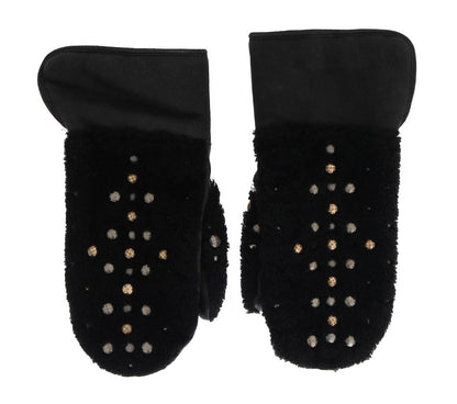 Dolce &amp; Gabbana Schwarze Lederhandschuhe mit Lammfellbesatz und Nieten