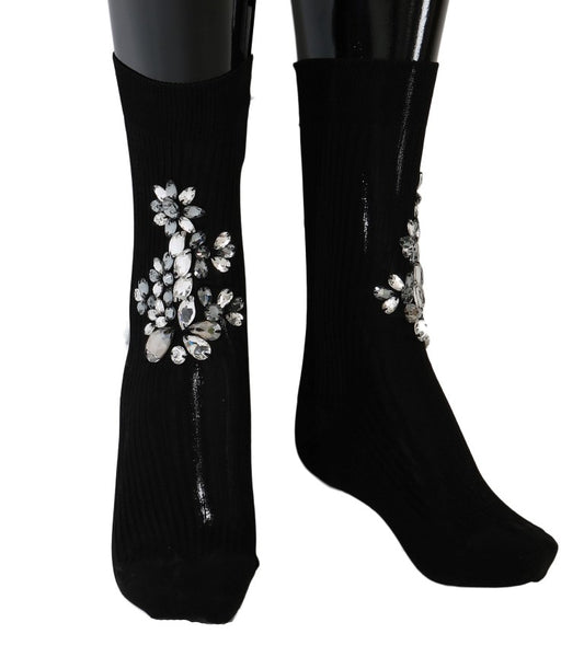Dolce &amp; Gabbana Schwarze gestrickte Socken mit Blumenmuster und durchsichtigem Kristall