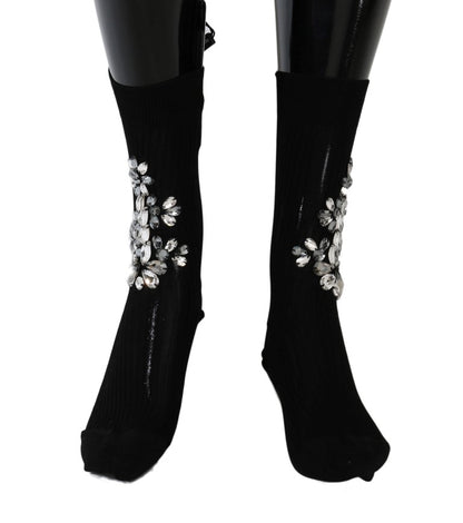 Dolce &amp; Gabbana Schwarze gestrickte Socken mit Blumenmuster und durchsichtigem Kristall