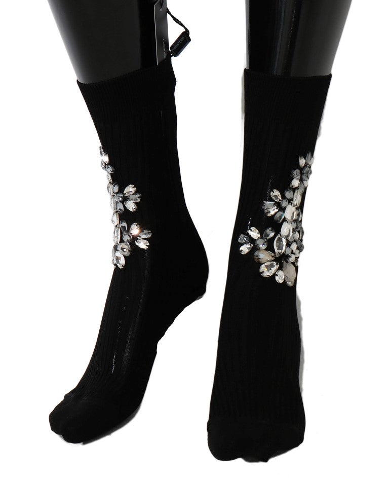 Dolce &amp; Gabbana Schwarze gestrickte Socken mit Blumenmuster und durchsichtigem Kristall