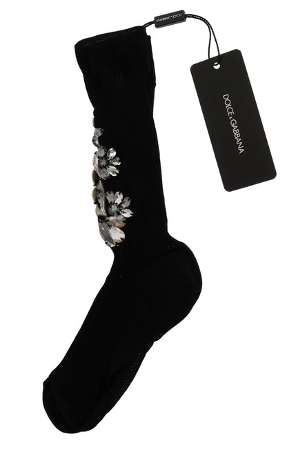 Dolce &amp; Gabbana Schwarze gestrickte Socken mit Blumenmuster und durchsichtigem Kristall