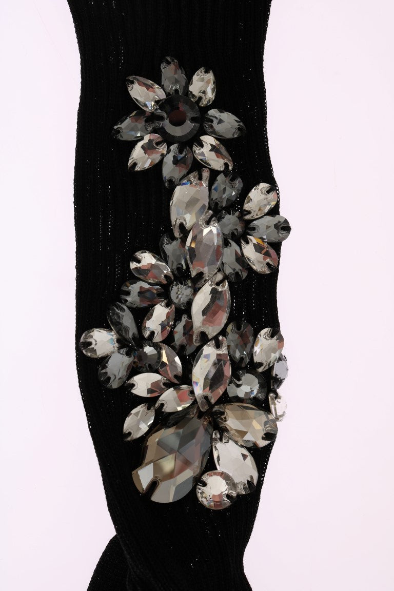 Dolce &amp; Gabbana Schwarze gestrickte Socken mit Blumenmuster und durchsichtigem Kristall