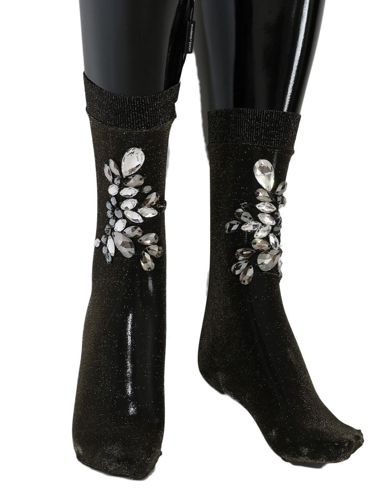 Dolce &amp; Gabbana – Schwarze Stretch-Socken mit Blumenmuster und durchsichtigem Kristall