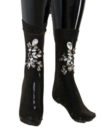 Dolce &amp; Gabbana – Schwarze Stretch-Socken mit Blumenmuster und durchsichtigem Kristall