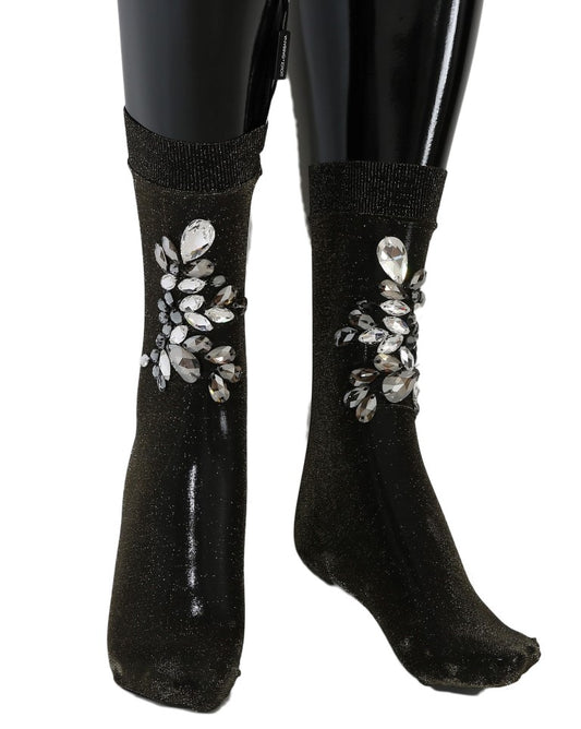 Dolce &amp; Gabbana – Schwarze Stretch-Socken mit Blumenmuster und durchsichtigem Kristall