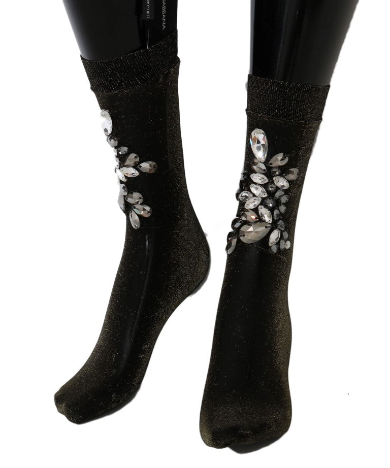 Dolce &amp; Gabbana – Schwarze Stretch-Socken mit Blumenmuster und durchsichtigem Kristall