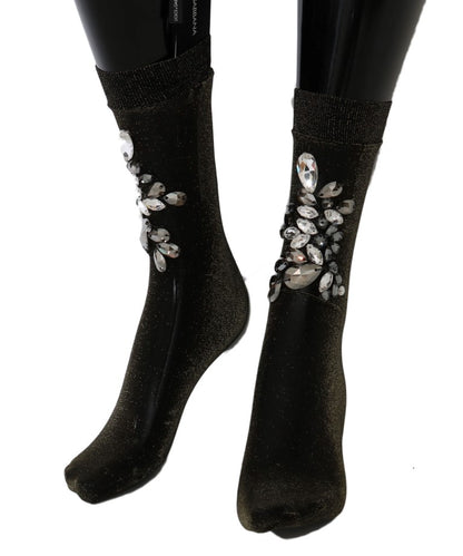 Dolce &amp; Gabbana – Schwarze Stretch-Socken mit Blumenmuster und durchsichtigem Kristall
