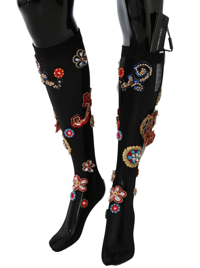 Dolce &amp; Gabbana – Schwarze Stretch-Carretto-Socken mit Kristallen