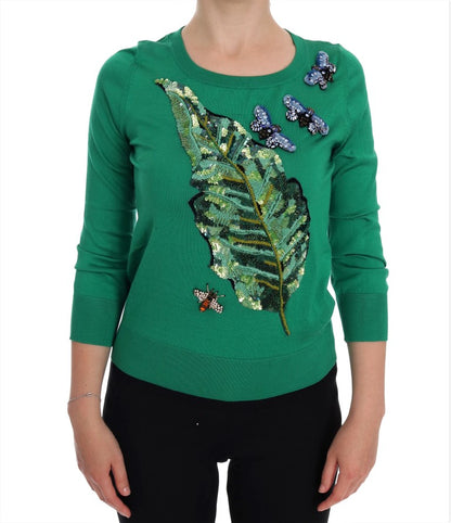 Dolce &amp; Gabbana Grüner Seidenpullover mit Kristallbanane