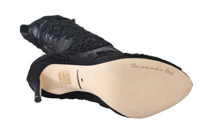 Dolce &amp; Gabbana – Schwarze Sockenstiefel mit Blumenstickerei