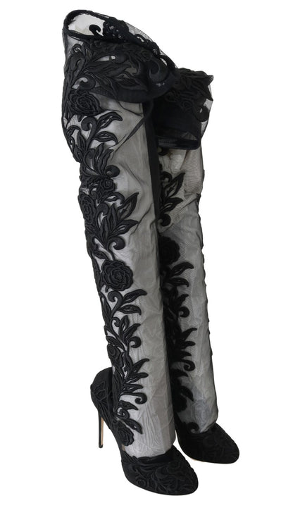 Dolce &amp; Gabbana – Schwarze Sockenstiefel mit Blumenstickerei