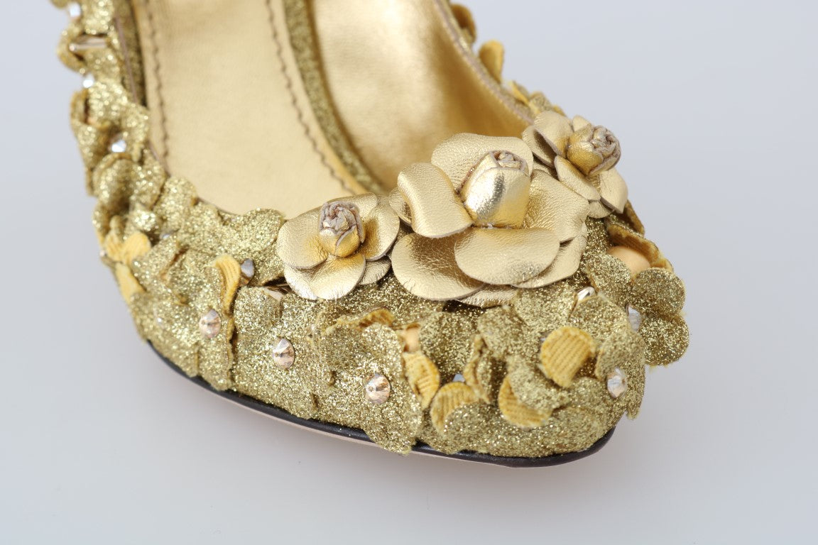 Dolce &amp; Gabbana – Mary-Janes-Pumps mit goldenem Blumenmuster und Kristallen