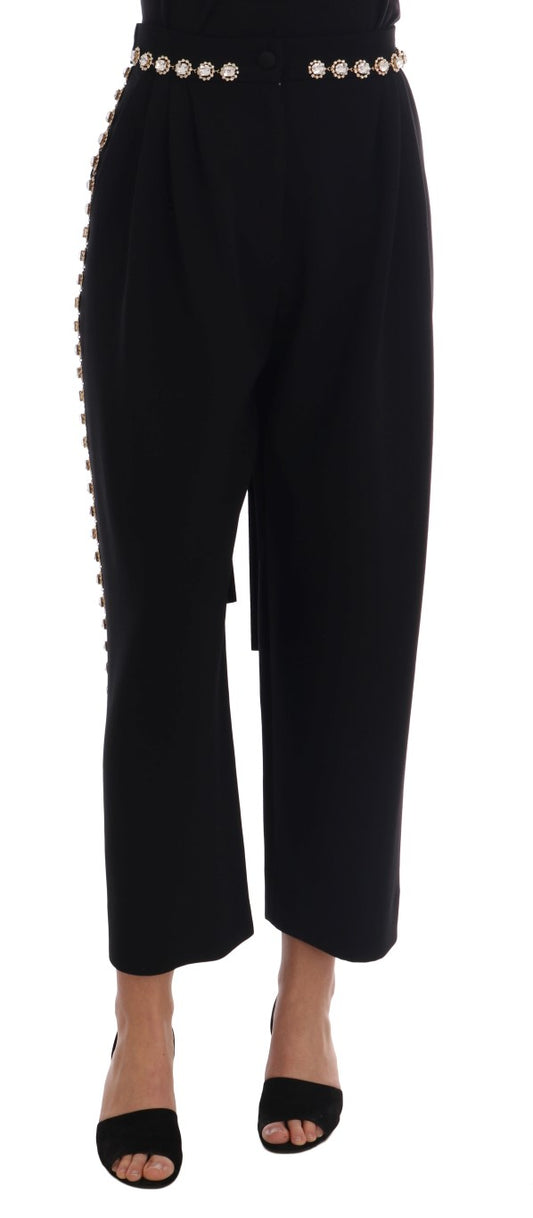 Dolce &amp; Gabbana Schwarze Stretch-Hose aus Wolle mit Kristallen