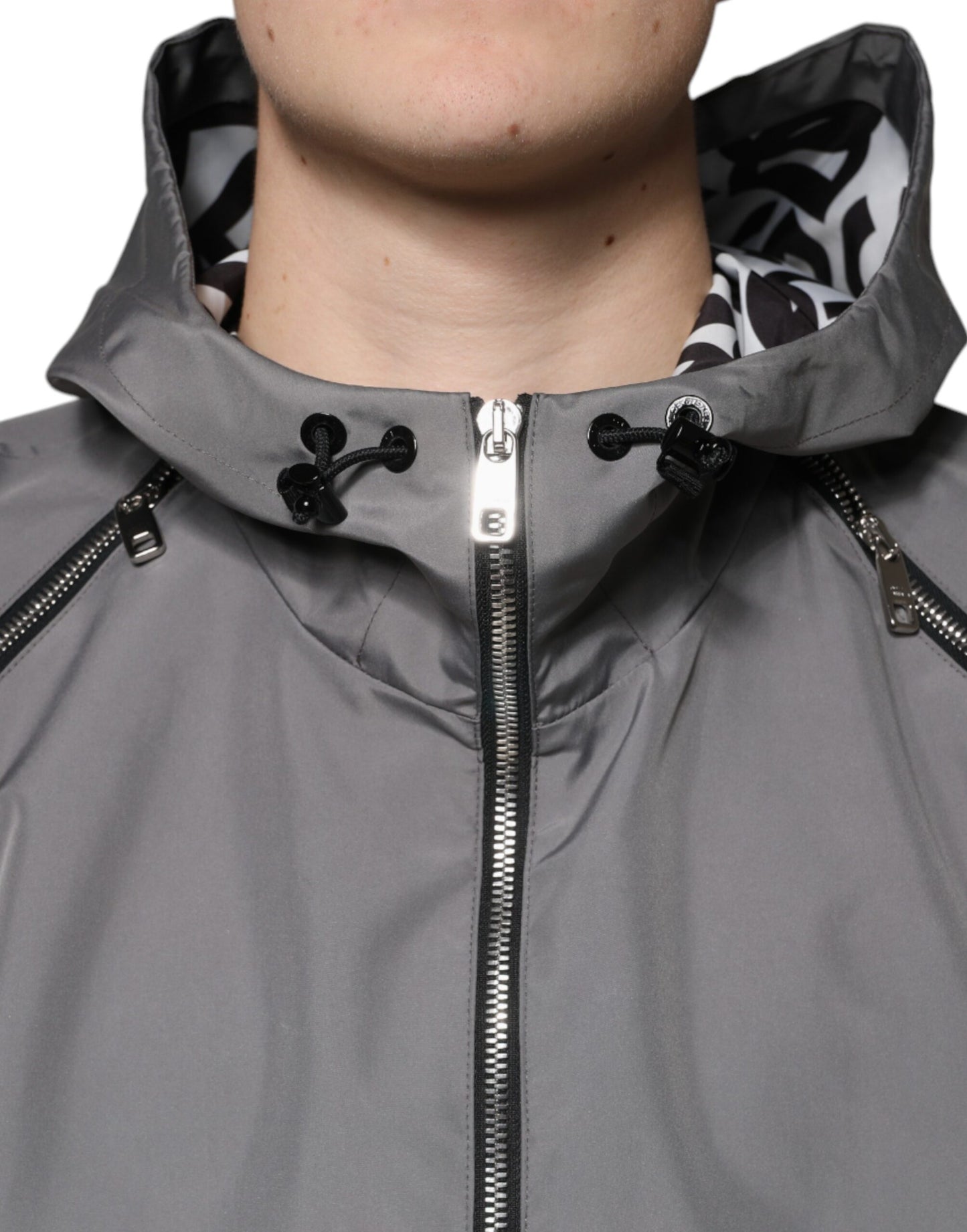 Dolce &amp; Gabbana Graue Polyester-Kapuzenjacke für Herren mit durchgehendem Reißverschluss