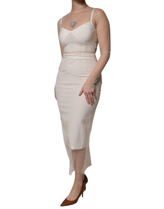 Dolce &amp; Gabbana – Weißes, transparentes Tüll-Bustier-Midikleid mit figurbetontem Schnitt