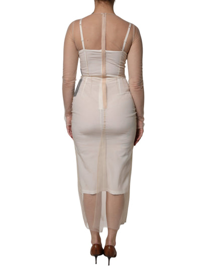 Dolce &amp; Gabbana – Weißes, transparentes Tüll-Bustier-Midikleid mit figurbetontem Schnitt