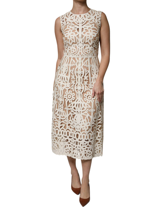 Dolce &amp; Gabbana – Ärmelloses Midikleid aus weißem Leder mit Cut-outs