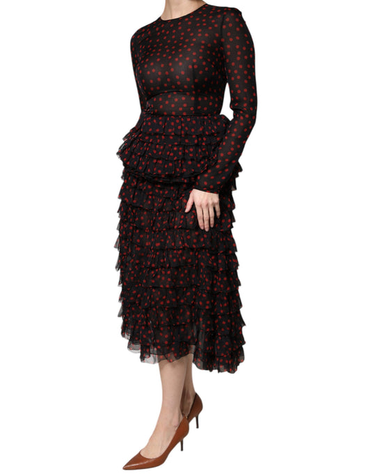 Dolce &amp; Gabbana – Midikleid aus Seide mit schwarzen und roten Punkten