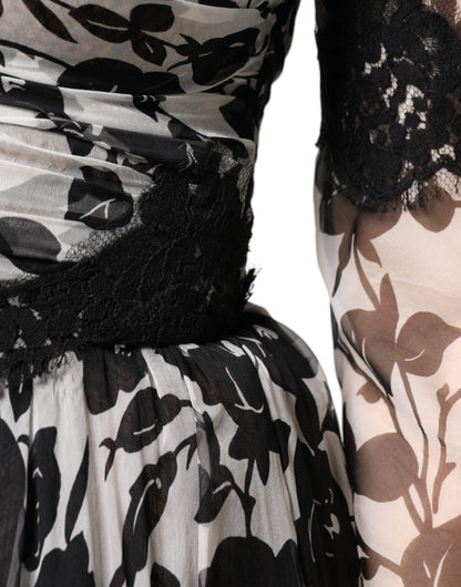 Dolce &amp; Gabbana – Maxikleid „Ricamo“ aus schwarzer Seide mit floraler Spitze