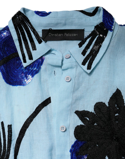 Christian Pellizzari – Hellblaues Maxi-Hemdkleid mit Blumenverzierung
