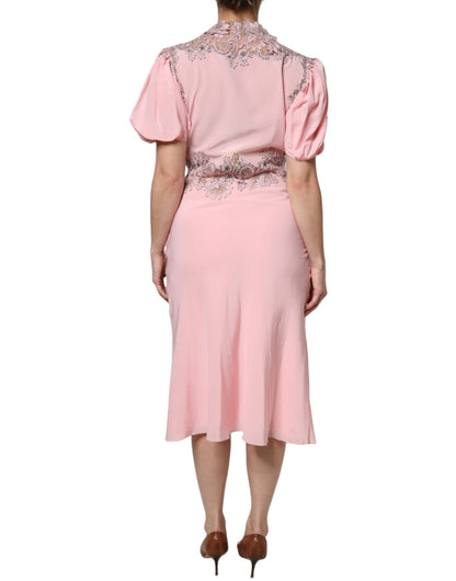 Ermanno Scervino – Rosafarbenes Midikleid mit Blumenspitze und kurzen Ärmeln sowie V-Ausschnitt