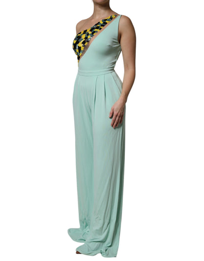 Elisabetta Franchi – Mintgrünes, langes Jumpsuit-Kleid mit einer Schulter