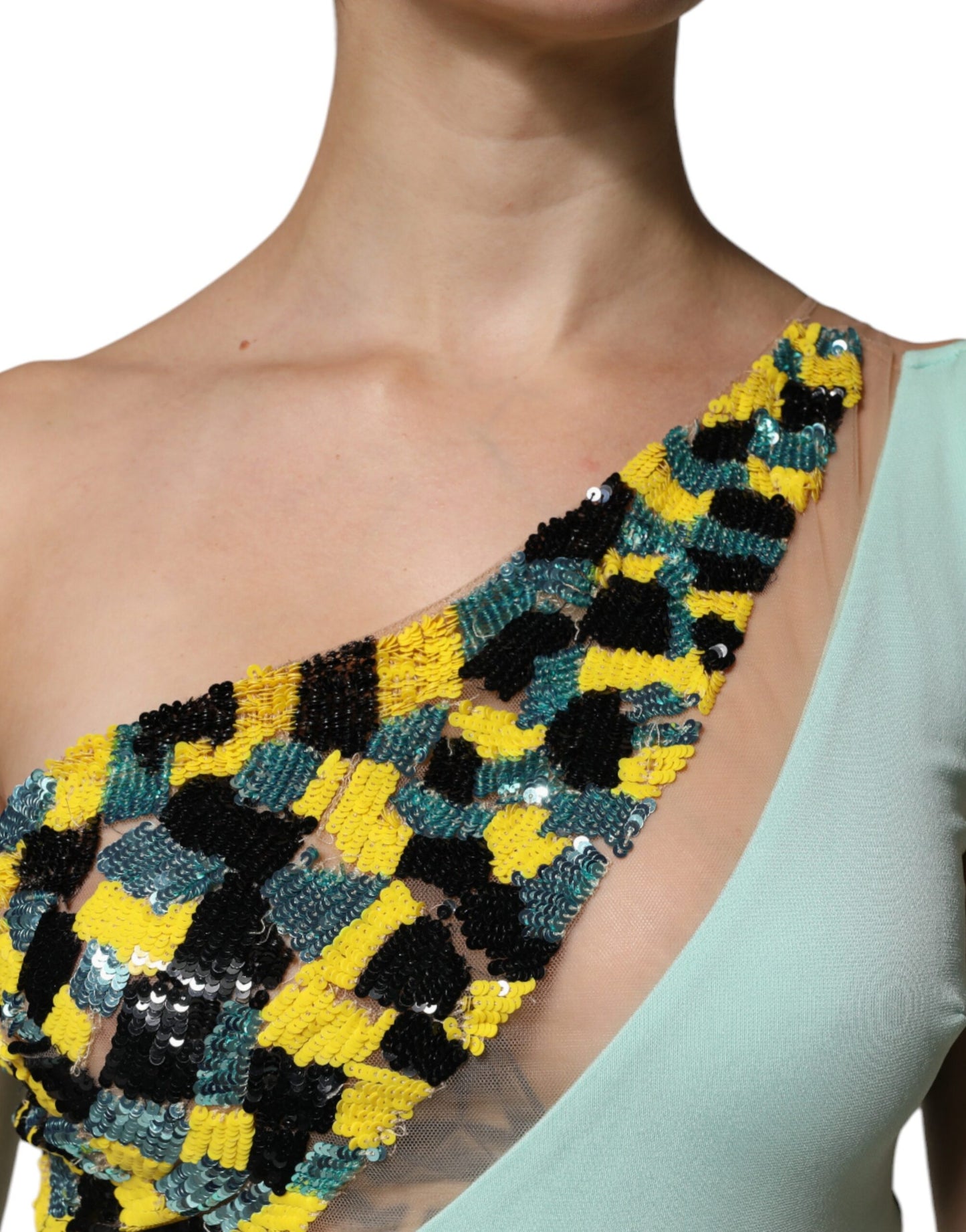 Elisabetta Franchi – Mintgrünes, langes Jumpsuit-Kleid mit einer Schulter