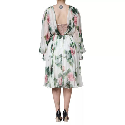 Dolce &amp; Gabbana – Weißes Midikleid aus Seide mit Blumenmuster in A-Linie