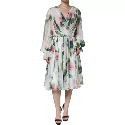 Dolce &amp; Gabbana – Weißes Midikleid aus Seide mit Blumenmuster in A-Linie