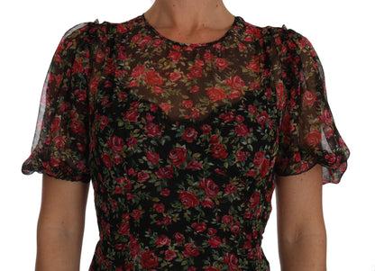 Dolce &amp; Gabbana Schwarzes A-Linien-Etuikleid mit Blumenrosen