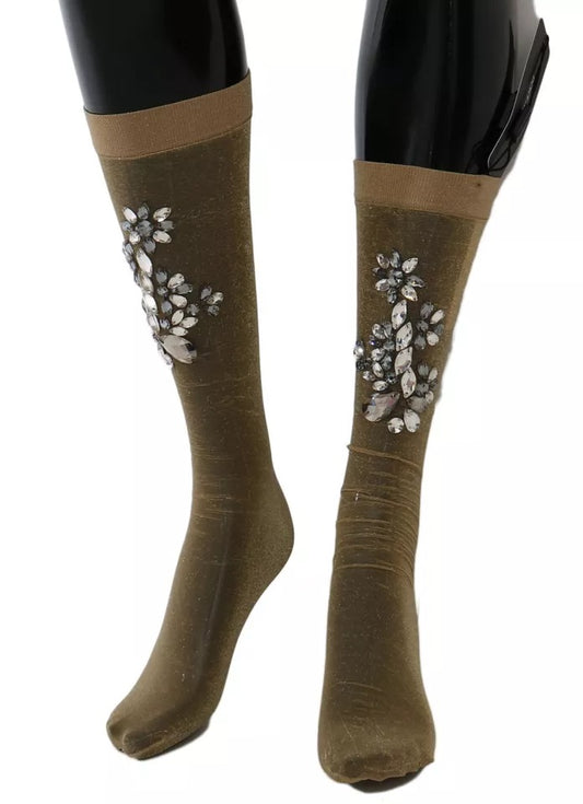 Dolce & Gabbana – Strümpfe mit goldenem Stretch und Blumenmuster und durchsichtigem Kristall
