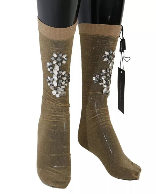 Dolce &amp; Gabbana – Strümpfe mit goldenem Stretch und Blumenmuster und durchsichtigem Kristall