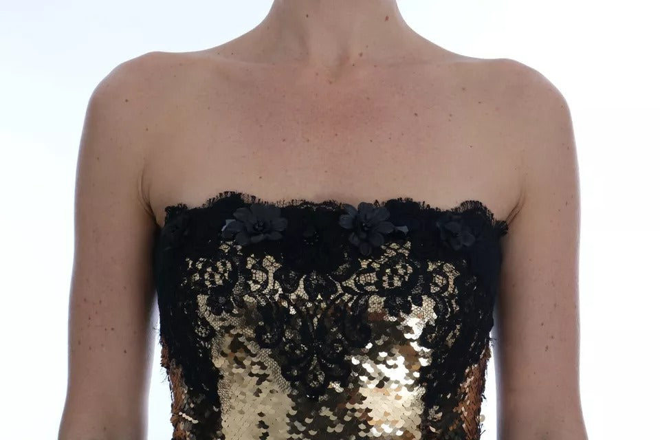 Dolce &amp; Gabbana – Trägerloses Spitzenkleid in Gold mit Paillettenverzierung