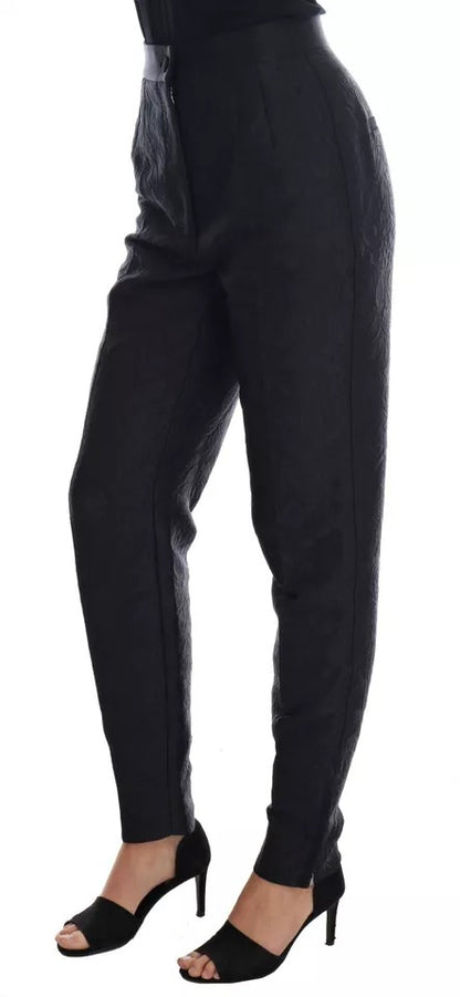 Dolce &amp; Gabbana – Schwarze, geblümte Brokathose mit hoher Taille