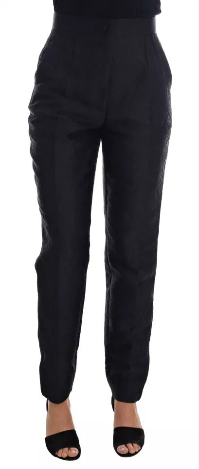 Dolce &amp; Gabbana – Schwarze, geblümte Brokathose mit hoher Taille