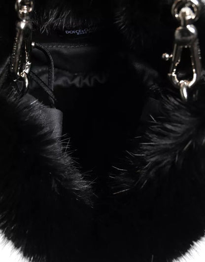 Dolce &amp; Gabbana – Umhängetasche mit silberner Kette und Kunstfell in Schwarz
